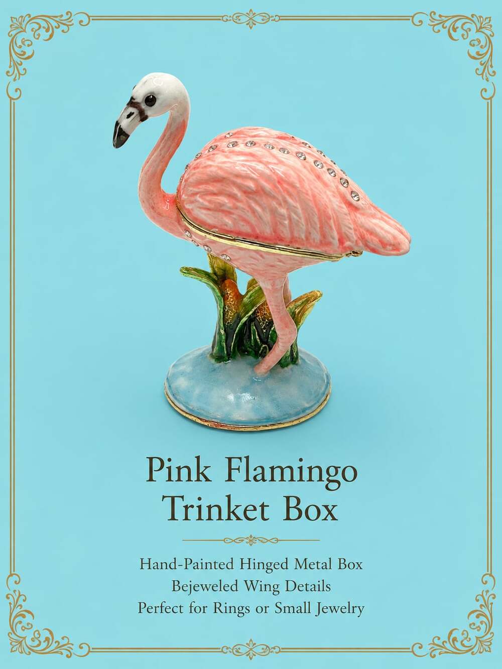 Bejeweled Pink Flamingo Hinged Metal Trinket Box